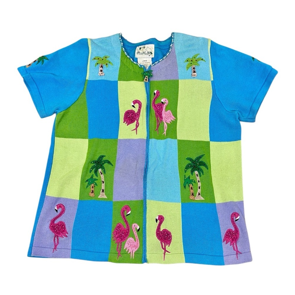 Vtg Quacker Factory Womens Crewneck Short Sleeve Flamingo Multicol Sweater L